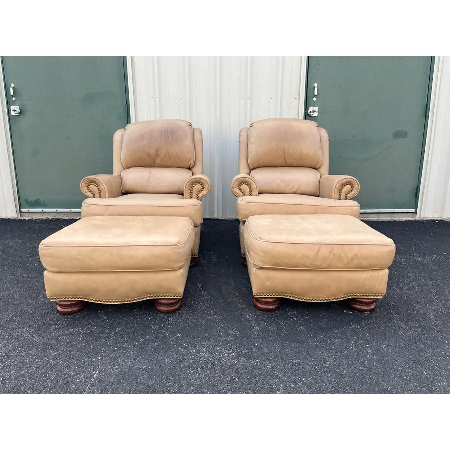 A Pair of Bradington Young Leather Recliners and Ottomans- 1990's