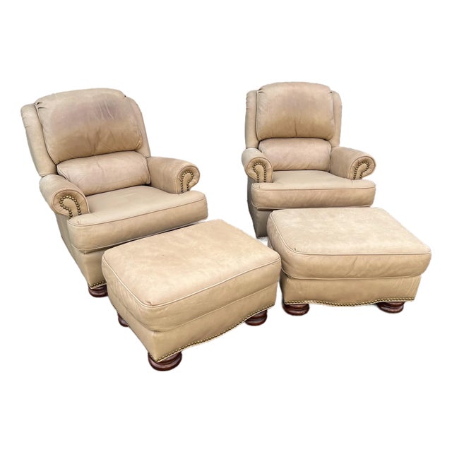 A Pair of Bradington Young Leather Recliners and Ottomans- 1990's