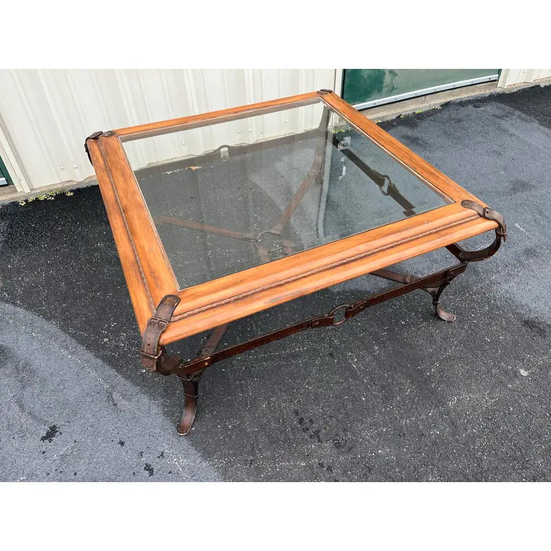 Adnet Hermes Forged Faux Leather Strap Equestrian Coffee Table