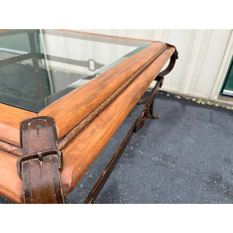 Adnet Hermes Forged Faux Leather Strap Equestrian Coffee Table