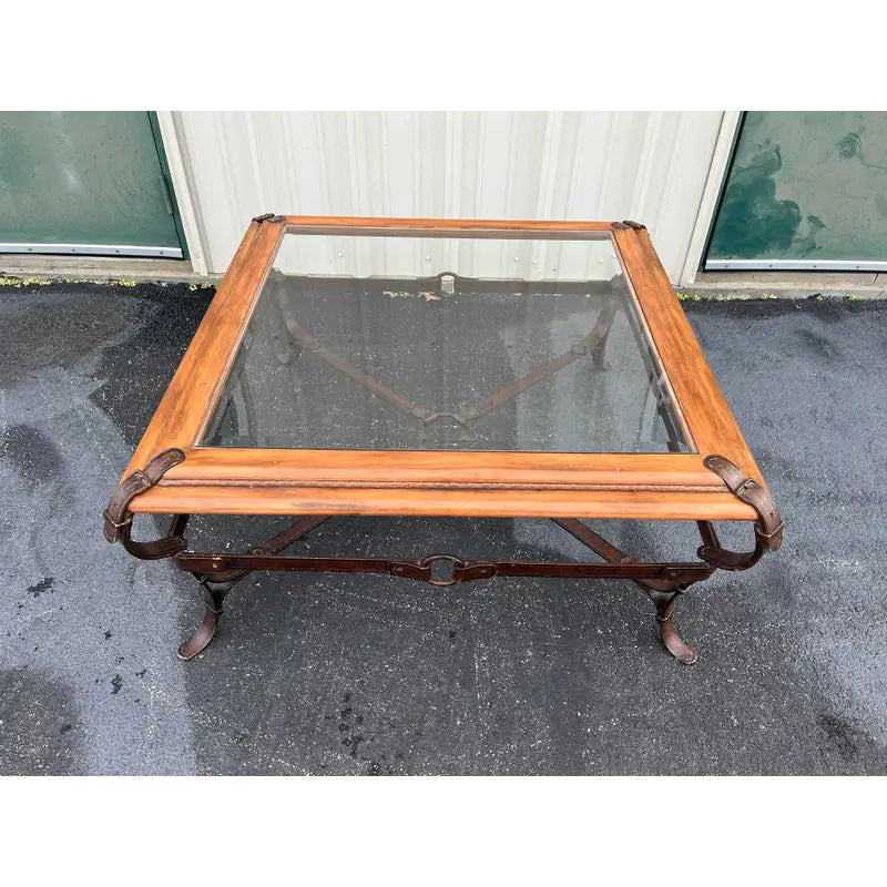 Adnet Hermes Forged Faux Leather Strap Equestrian Coffee Table