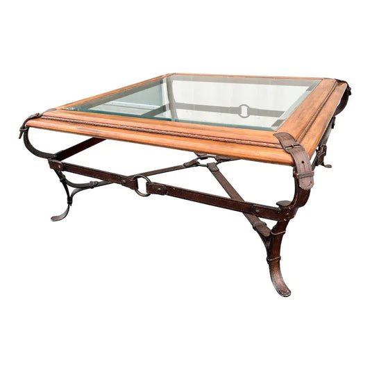 Adnet Hermes Forged Faux Leather Strap Equestrian Coffee Table