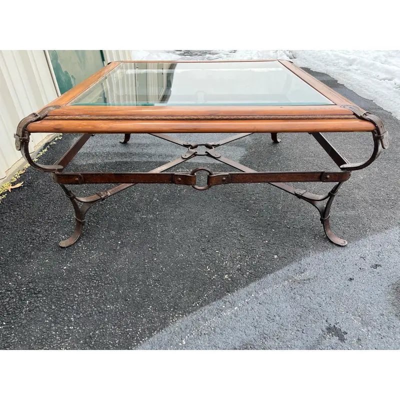 Adnet Hermes Forged Faux Leather Strap Equestrian Coffee Table