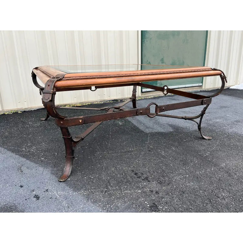 Adnet Hermes Forged Faux Leather Strap Equestrian Coffee Table