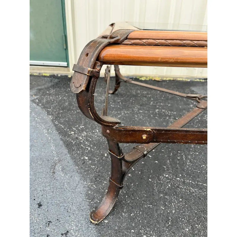 Adnet Hermes Forged Faux Leather Strap Equestrian Coffee Table