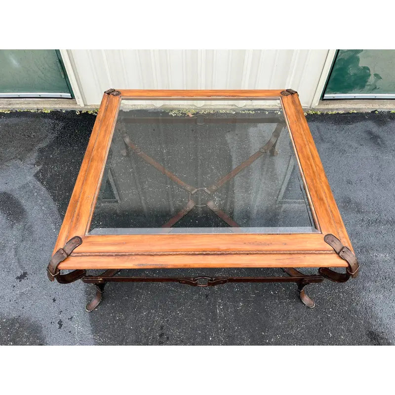 Adnet Hermes Forged Faux Leather Strap Equestrian Coffee Table