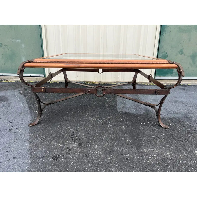 Adnet Hermes Forged Faux Leather Strap Equestrian Coffee Table
