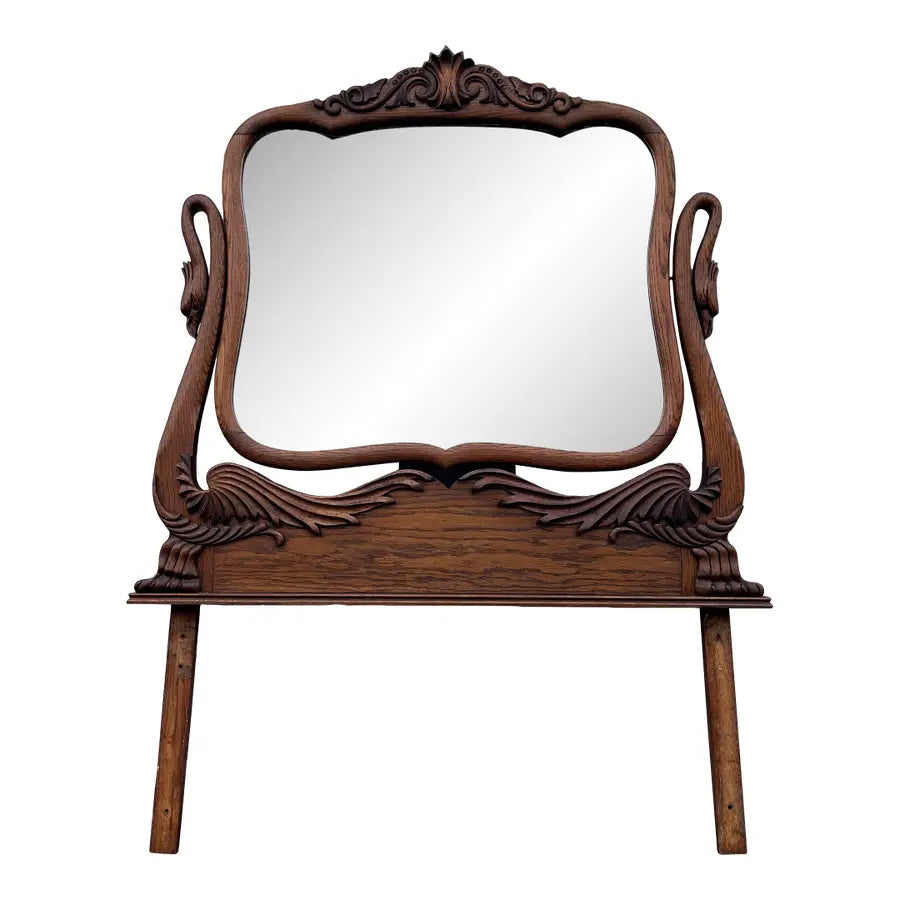 Antique Carved Swans Articulating Beveled Glass Oak Dressing Mirror