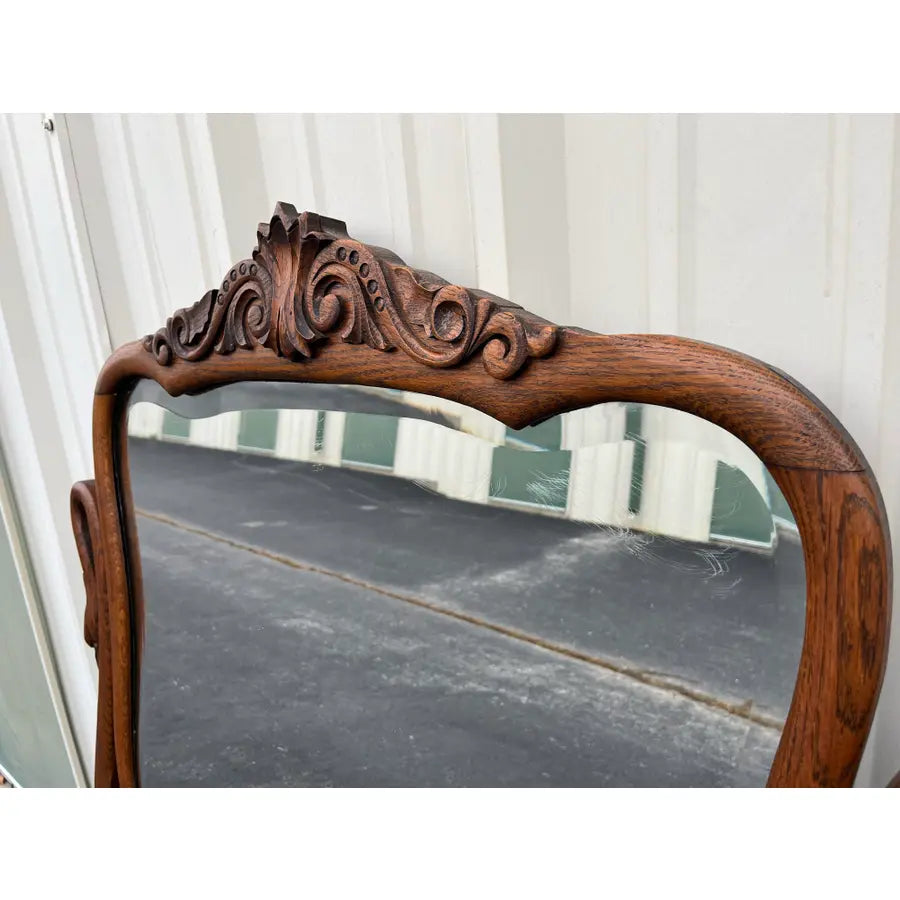 Antique Carved Swans Articulating Beveled Glass Oak Dressing Mirror
