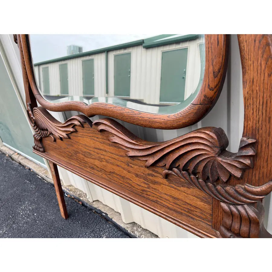 Antique Carved Swans Articulating Beveled Glass Oak Dressing Mirror