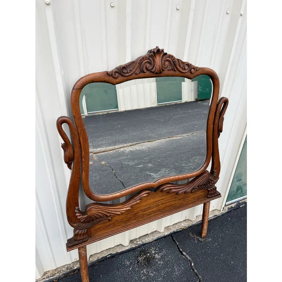 Antique Carved Swans Articulating Beveled Glass Oak Dressing Mirror