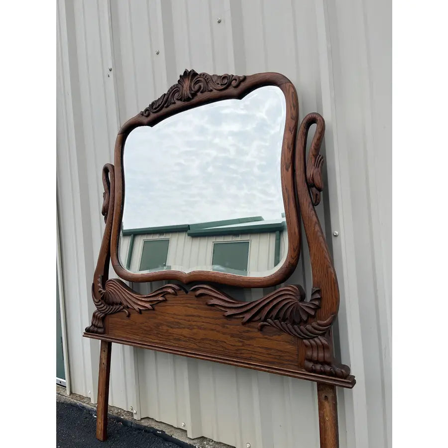 Antique Carved Swans Articulating Beveled Glass Oak Dressing Mirror