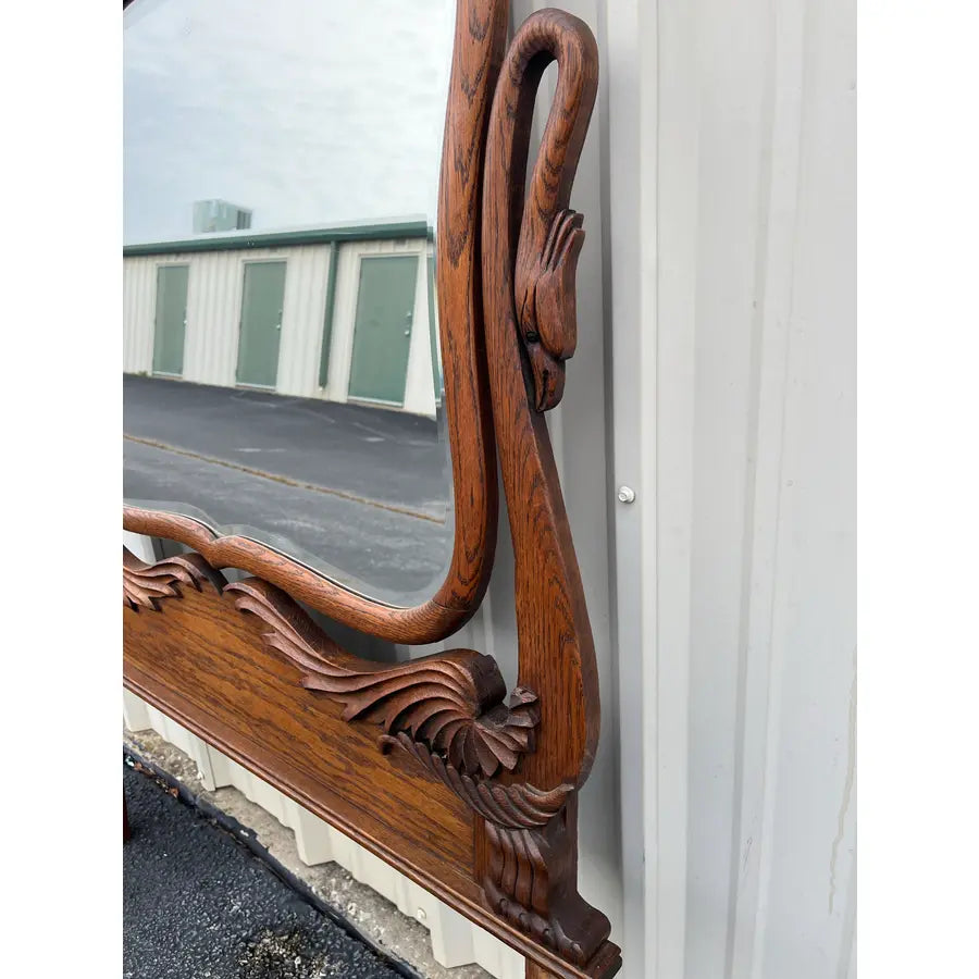 Antique Carved Swans Articulating Beveled Glass Oak Dressing Mirror