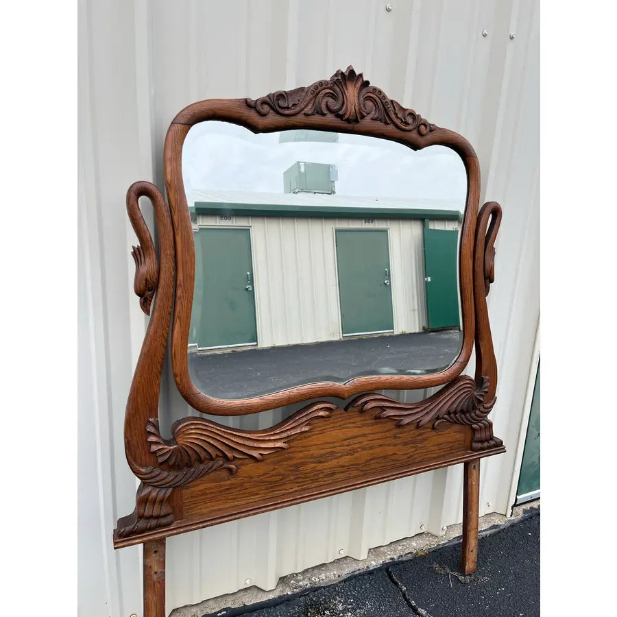 Antique Carved Swans Articulating Beveled Glass Oak Dressing Mirror