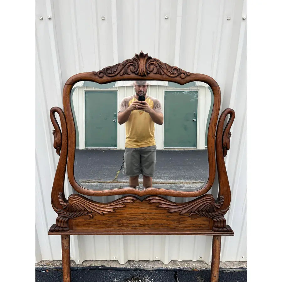 Antique Carved Swans Articulating Beveled Glass Oak Dressing Mirror
