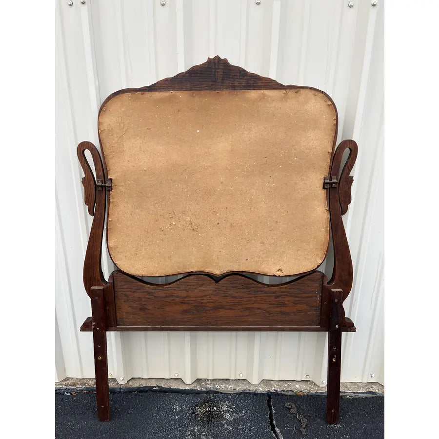 Antique Carved Swans Articulating Beveled Glass Oak Dressing Mirror