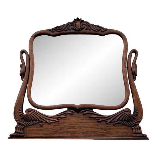 Antique Carved Swans Articulating Beveled Glass Oak Dressing Mirror