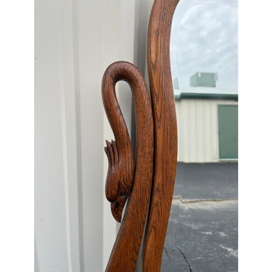Antique Carved Swans Articulating Beveled Glass Oak Dressing Mirror