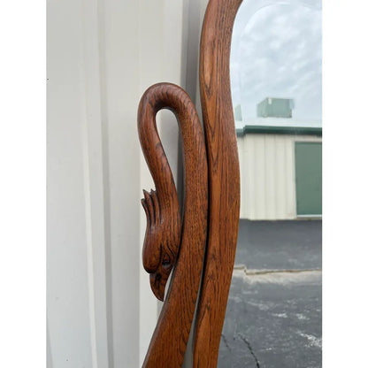 Antique Carved Swans Articulating Beveled Glass Oak Dressing Mirror
