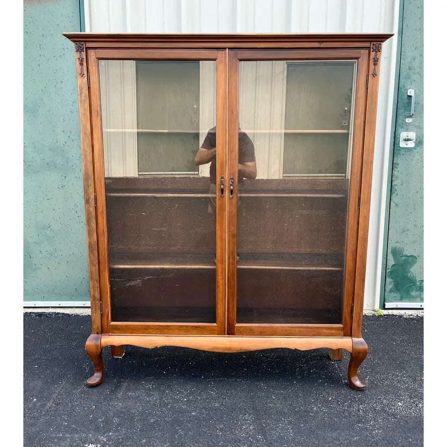 Antique Cherry Queen Anne Double Door Bookcase
