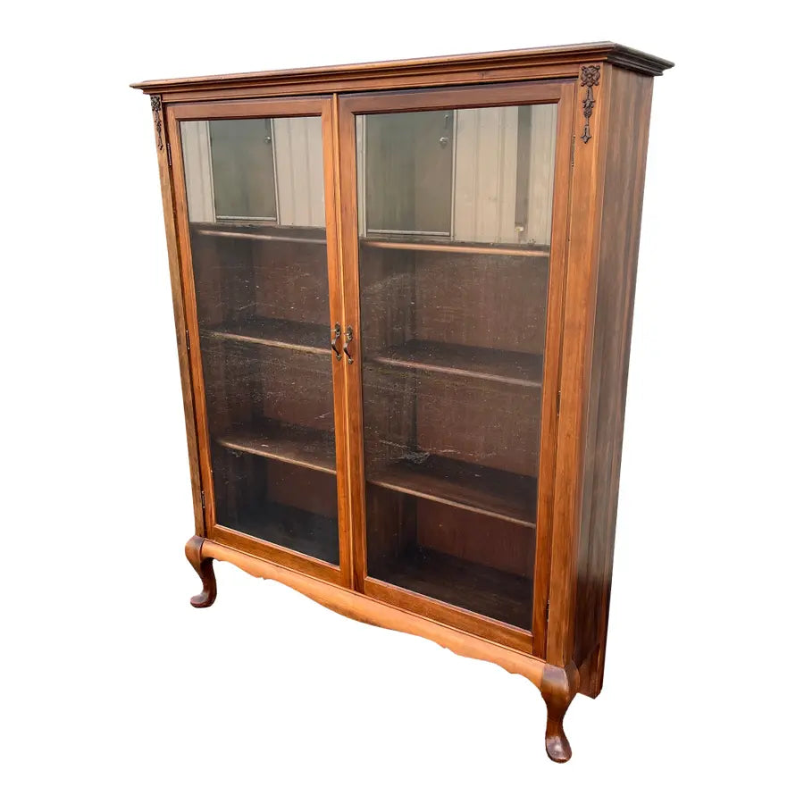 Antique Cherry Queen Anne Double Door Bookcase