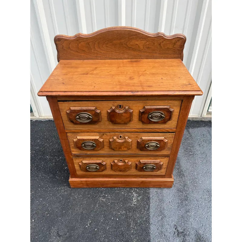 Antique Early American Walnut and Burlwood 3-Drawer Chest of Drawers