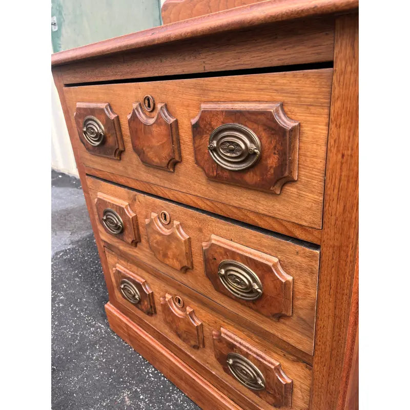 Antique Early American Walnut and Burlwood 3-Drawer Chest of Drawers