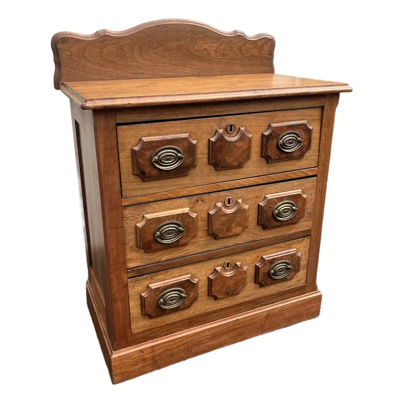 Antique Early American Walnut and Burlwood 3-Drawer Chest of Drawers