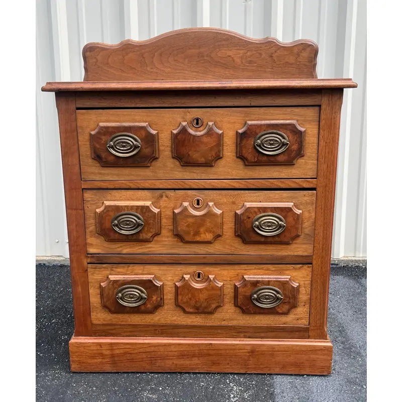 Antique Early American Walnut and Burlwood 3-Drawer Chest of Drawers