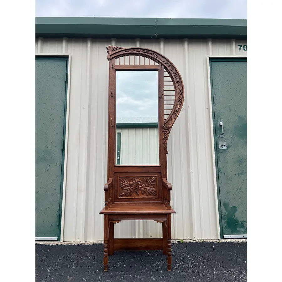 Antique Edwardian American Tiger Oak Mirrored Hall Tree Seat With Carved Motifs