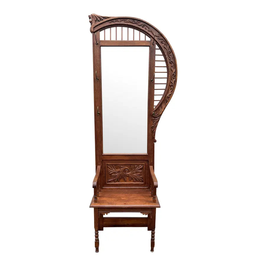 Antique Edwardian American Tiger Oak Mirrored Hall Tree Seat With Carved Motifs