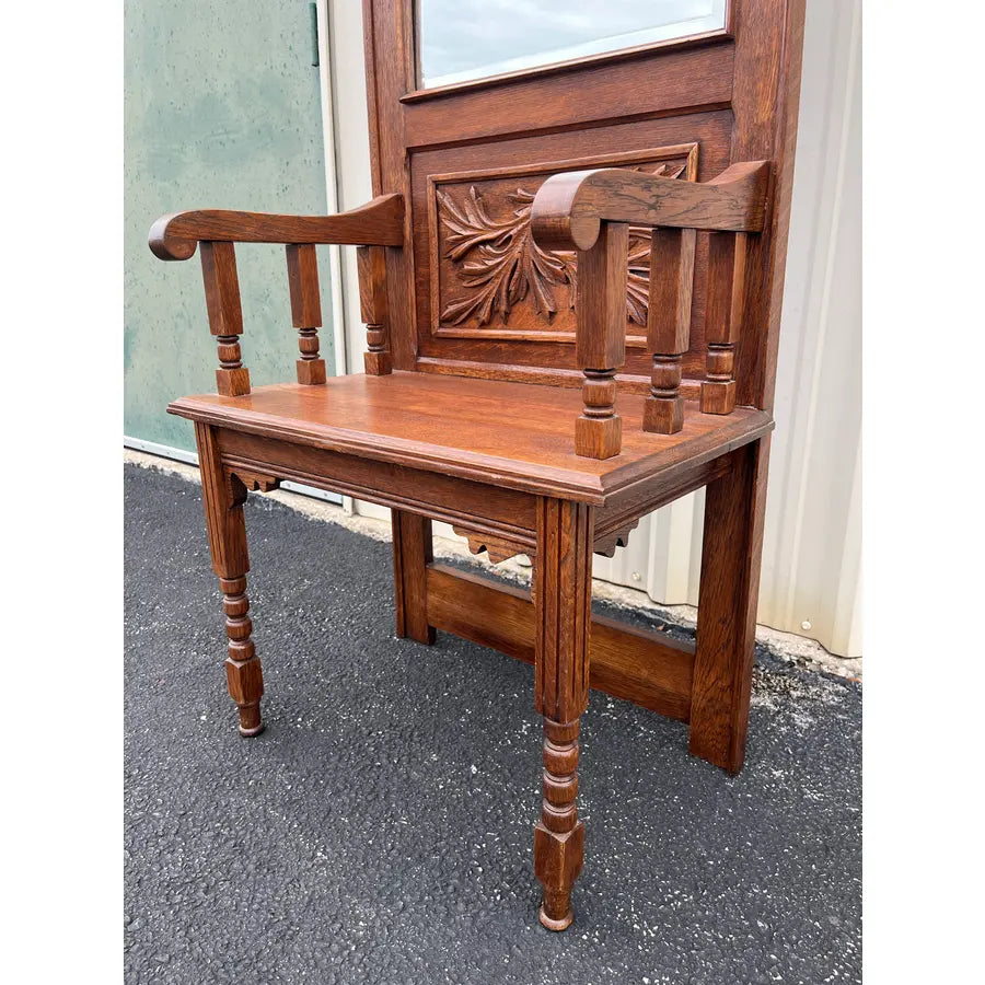 Antique Edwardian American Tiger Oak Mirrored Hall Tree Seat With Carved Motifs
