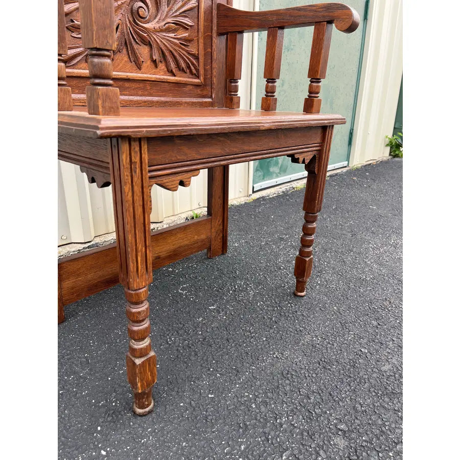 Antique Edwardian American Tiger Oak Mirrored Hall Tree Seat With Carved Motifs