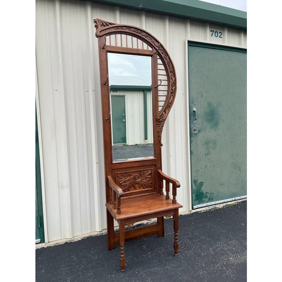 Antique Edwardian American Tiger Oak Mirrored Hall Tree Seat With Carved Motifs