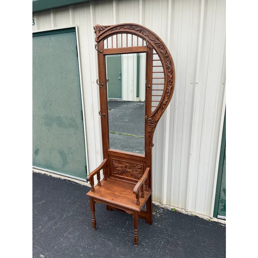 Antique Edwardian American Tiger Oak Mirrored Hall Tree Seat With Carved Motifs