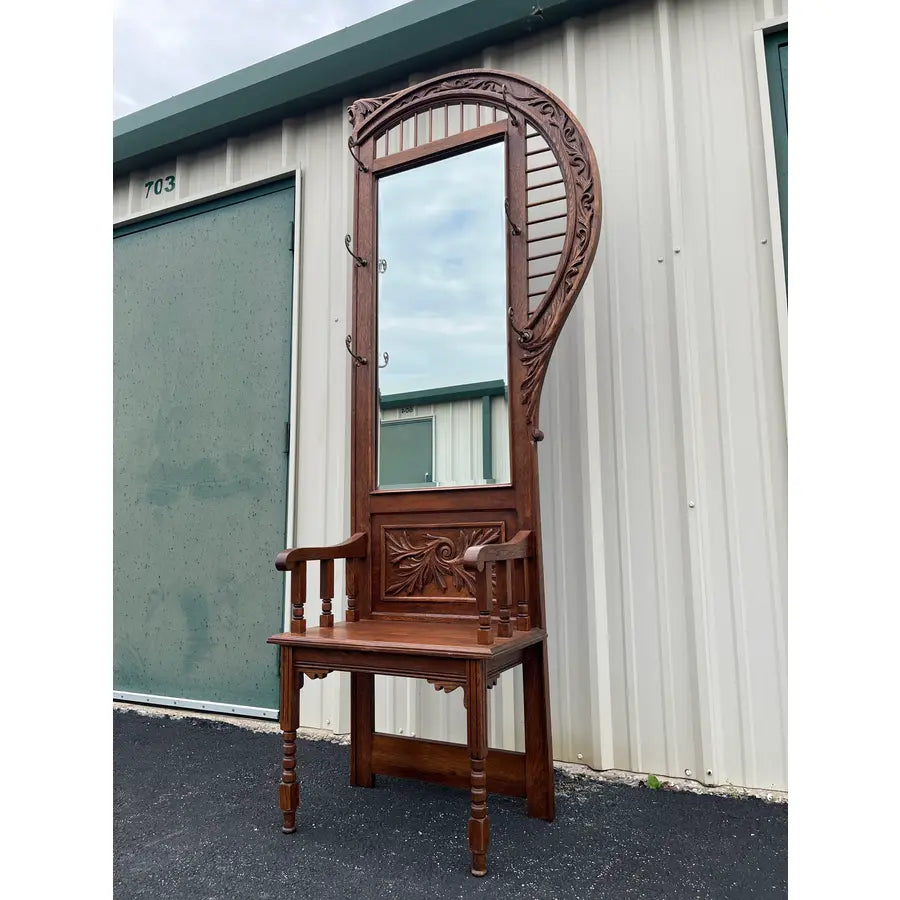 Antique Edwardian American Tiger Oak Mirrored Hall Tree Seat With Carved Motifs