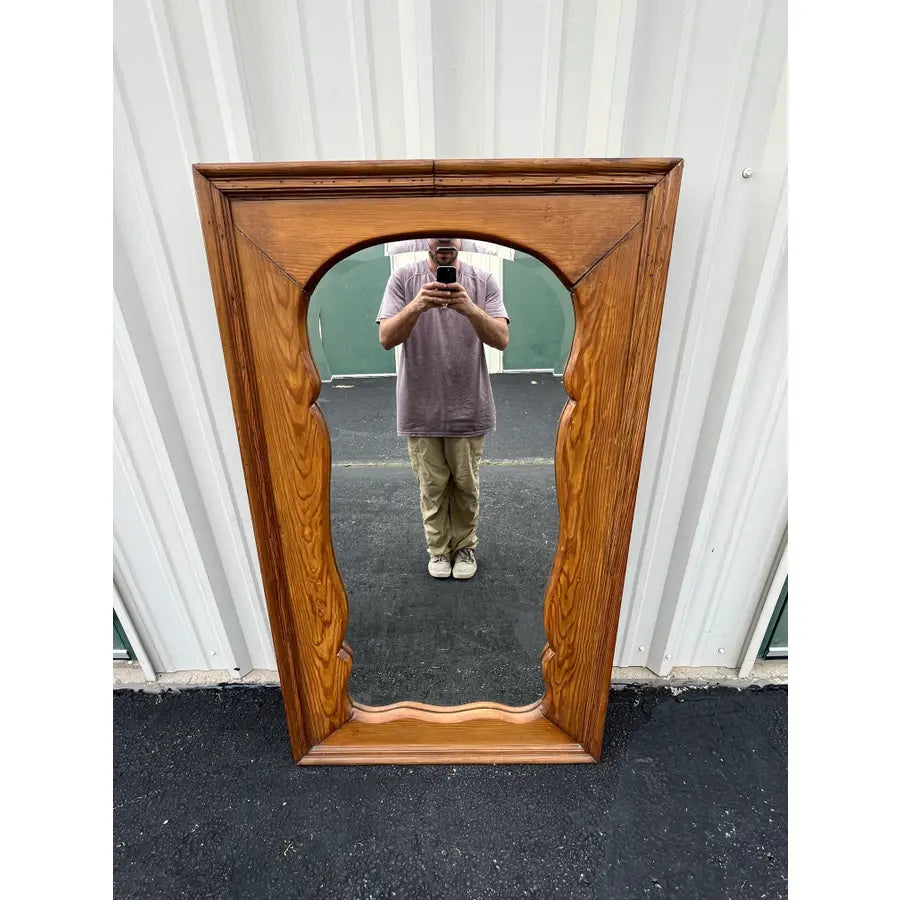 Antique Full Length Beveled Glass in Scalloped Aged Oak Frame