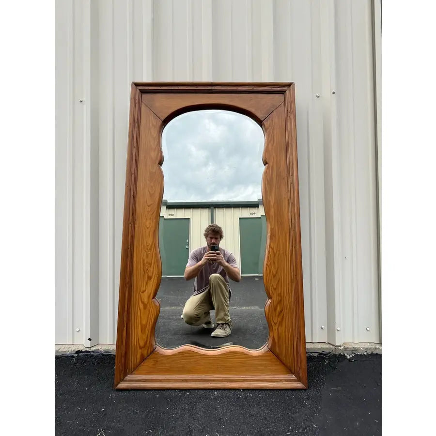 Antique Full Length Beveled Glass in Scalloped Aged Oak Frame