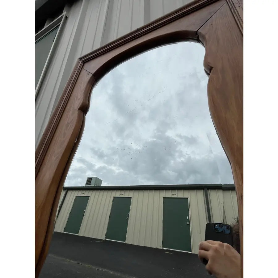 Antique Full Length Beveled Glass in Scalloped Aged Oak Frame