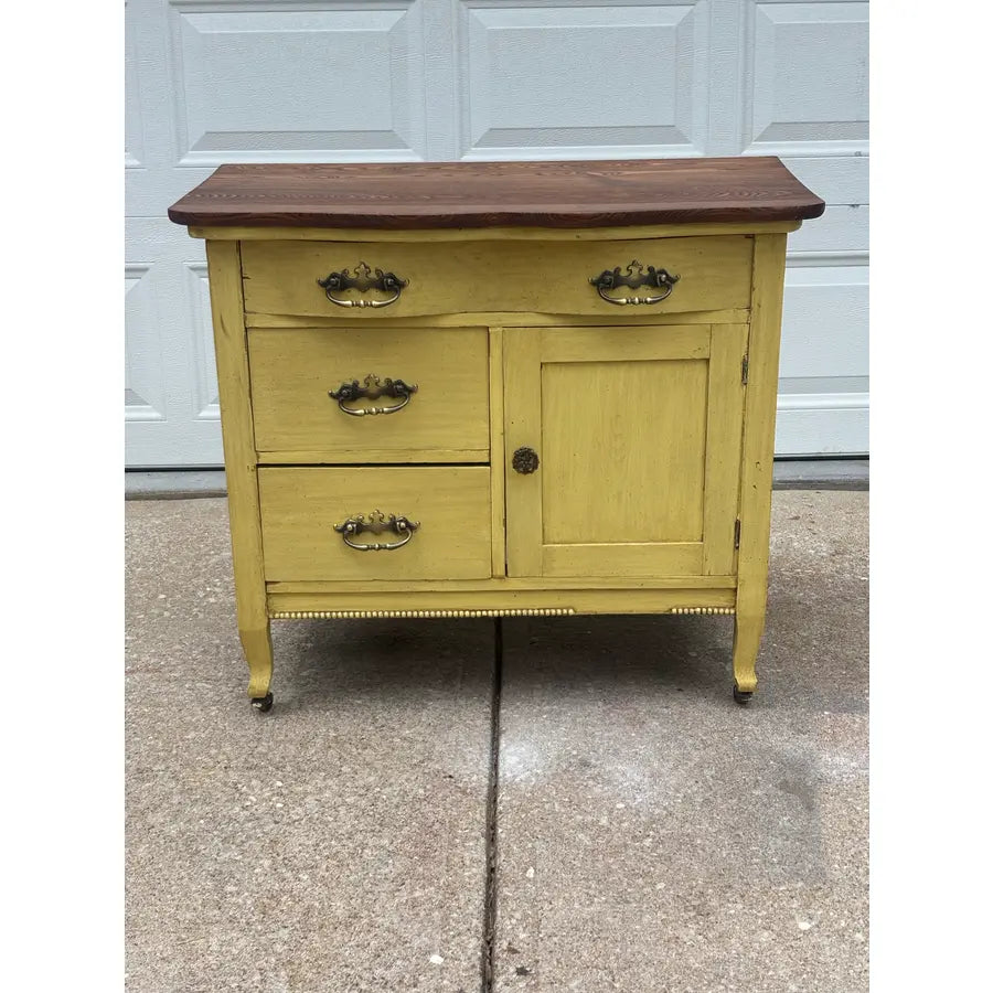 Antique Painted Oak Farmhouse Serpentine Nightstand Cabinet Commodes- A Pair