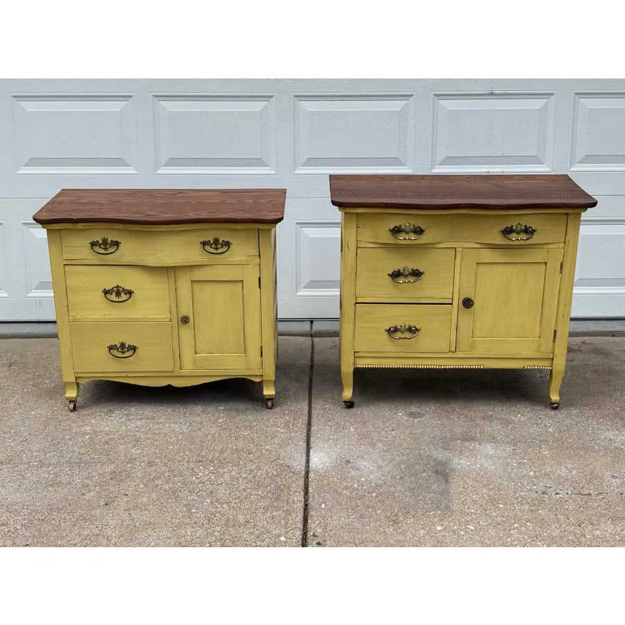 Antique Painted Oak Farmhouse Serpentine Nightstand Cabinet Commodes- A Pair