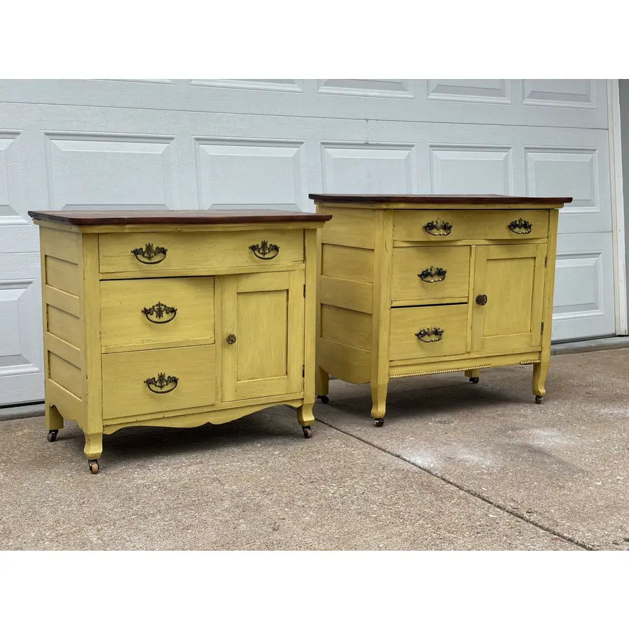 Antique Painted Oak Farmhouse Serpentine Nightstand Cabinet Commodes- A Pair