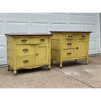 Antique Painted Oak Farmhouse Serpentine Nightstand Cabinet Commodes- A Pair