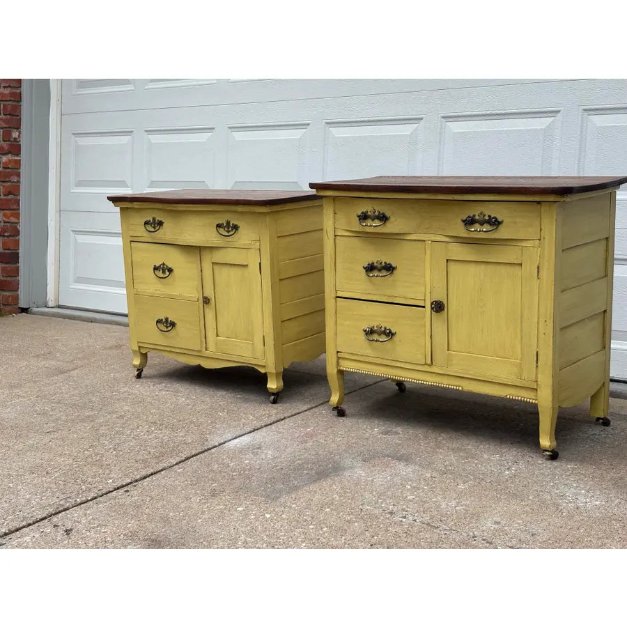 Antique Painted Oak Farmhouse Serpentine Nightstand Cabinet Commodes- A Pair