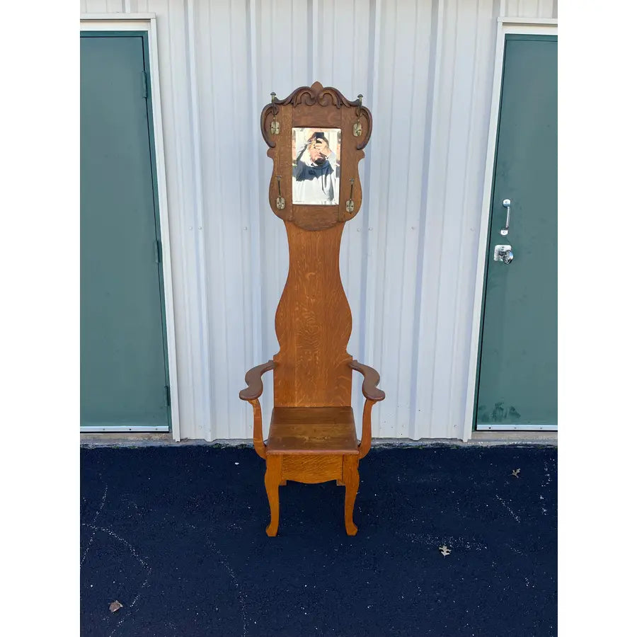 Antique Tall Tiger Oak Hall Seat With Mirror