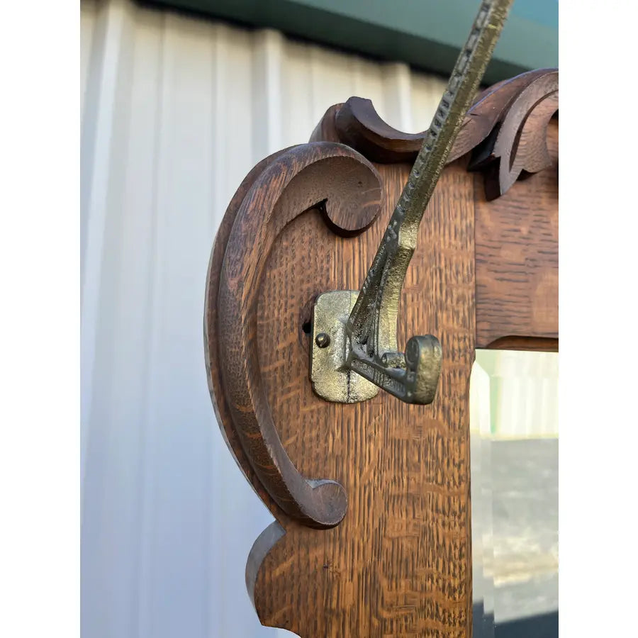 Antique Tall Tiger Oak Hall Seat With Mirror