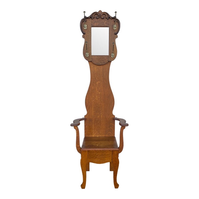 Antique Tall Tiger Oak Hall Seat With Mirror