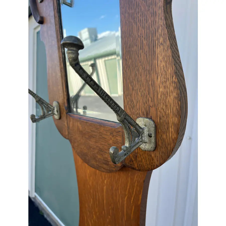 Antique Tall Tiger Oak Hall Seat With Mirror