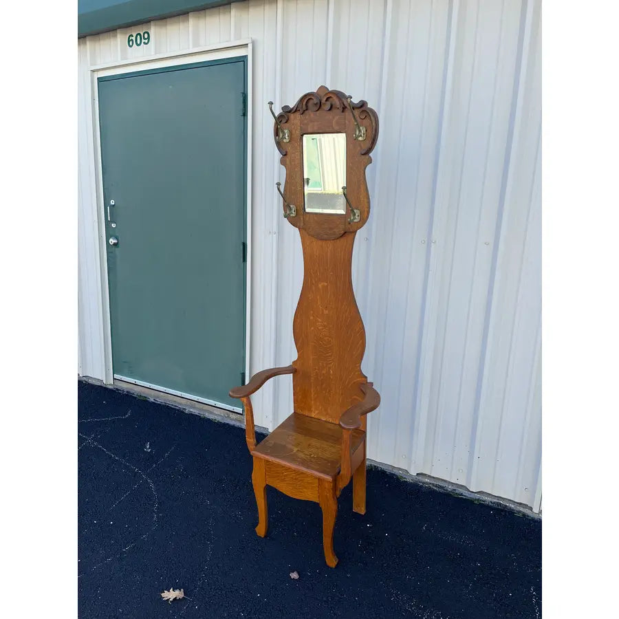 Antique Tall Tiger Oak Hall Seat With Mirror