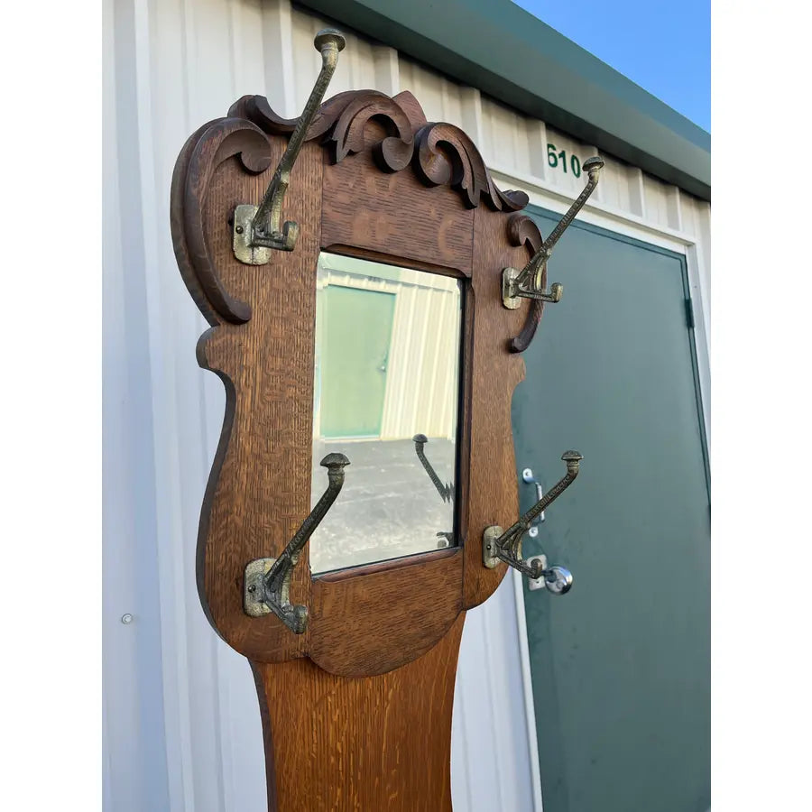 Antique Tall Tiger Oak Hall Seat With Mirror
